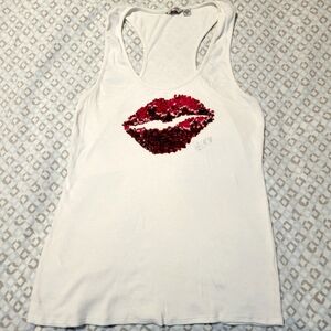 Guess Tank Top with red sequin lips white T-back style. SIZE XL